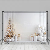 Lofaris All White Christmas Photography Backdrop Minimalist and Modern with Gold Ornaments Elegant Holiday Background